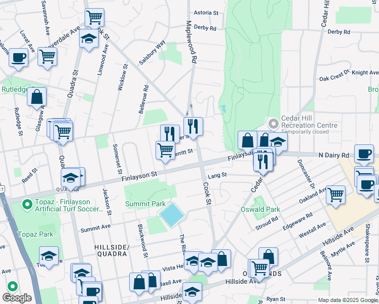 map of restaurants, bars, coffee shops, grocery stores, and more near 1351 Merritt Street in Victoria