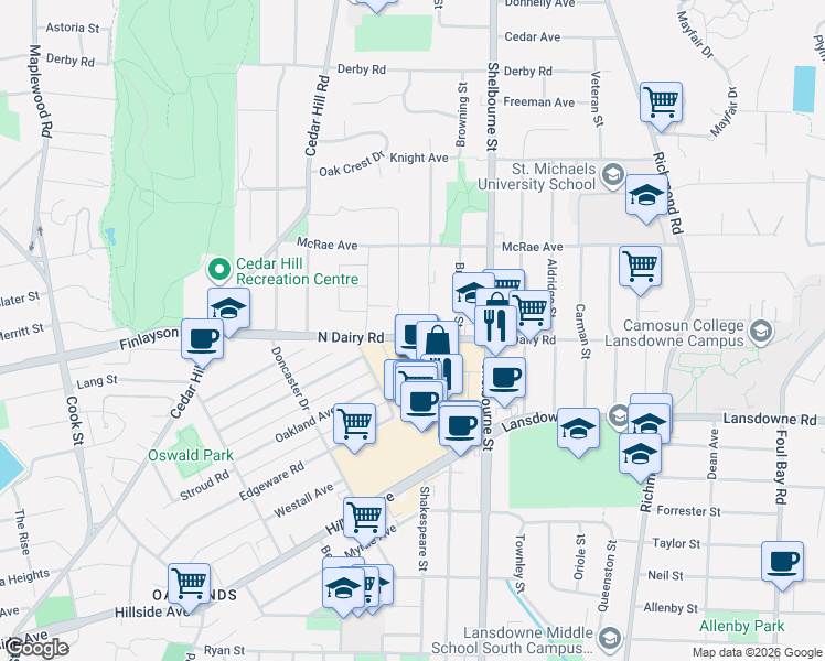 map of restaurants, bars, coffee shops, grocery stores, and more near 1592 North Dairy Road in Victoria
