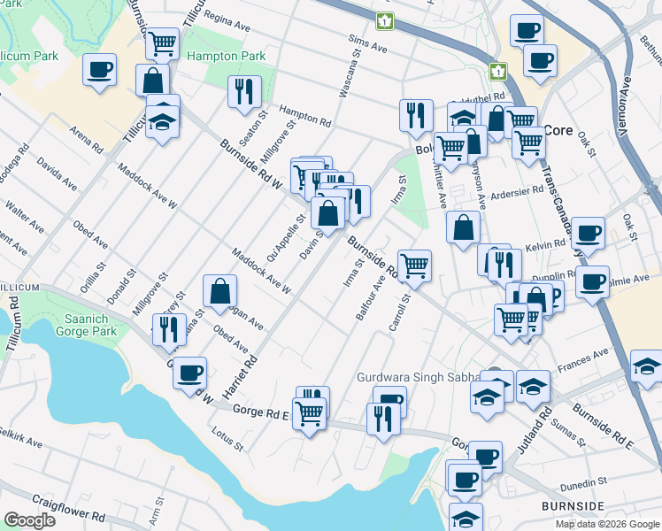 map of restaurants, bars, coffee shops, grocery stores, and more near 3144 Harriet Road in Victoria
