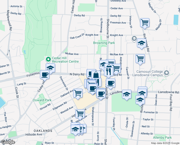 map of restaurants, bars, coffee shops, grocery stores, and more near 1588 North Dairy Road in Victoria