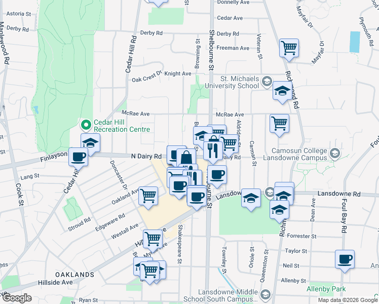 map of restaurants, bars, coffee shops, grocery stores, and more near 3200 Browning Street in Victoria