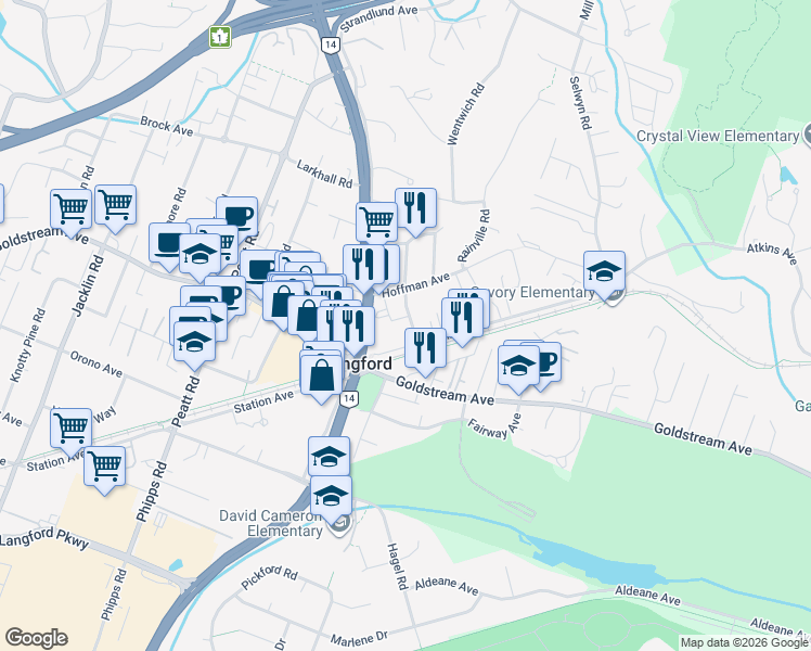 map of restaurants, bars, coffee shops, grocery stores, and more near 2788 Winster Road in Victoria
