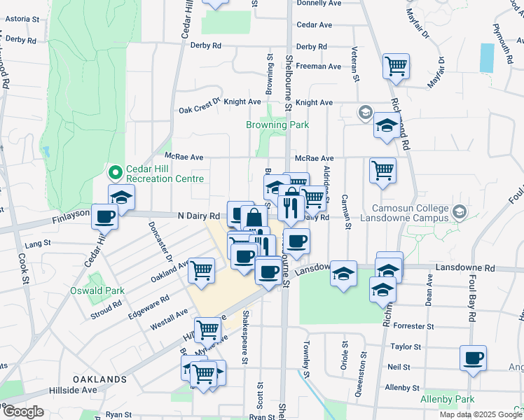 map of restaurants, bars, coffee shops, grocery stores, and more near 1618 North Dairy Road in Victoria