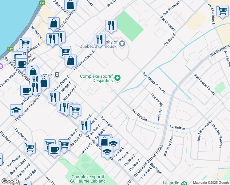 map of restaurants, bars, coffee shops, grocery stores, and more near Avenue Belzile in Rimouski