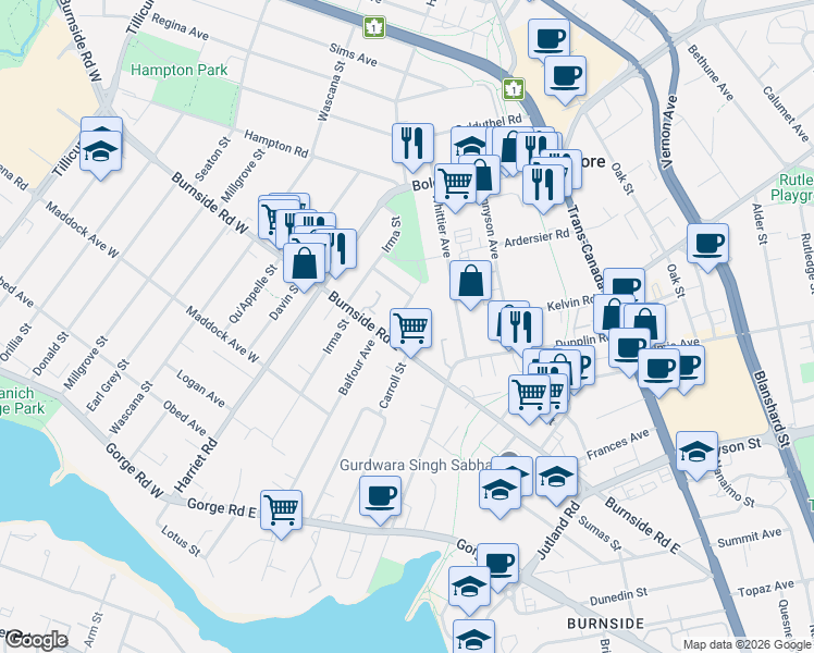 map of restaurants, bars, coffee shops, grocery stores, and more near 3225 Eldon Place in Victoria