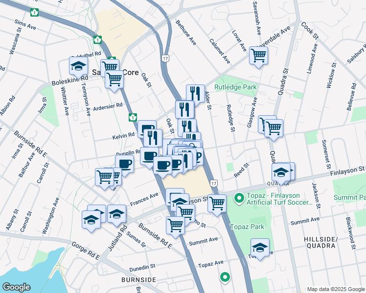map of restaurants, bars, coffee shops, grocery stores, and more near 800 Tolmie Avenue in Victoria