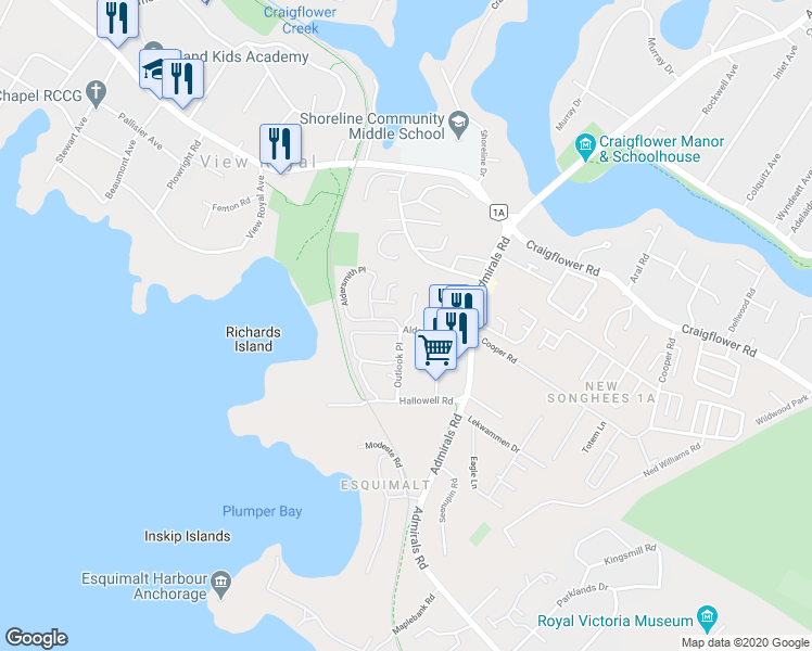 map of restaurants, bars, coffee shops, grocery stores, and more near 20 Aldersmith Place in Victoria