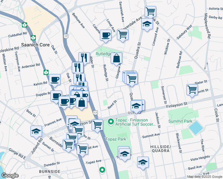 map of restaurants, bars, coffee shops, grocery stores, and more near 3182 Yew Street in Victoria