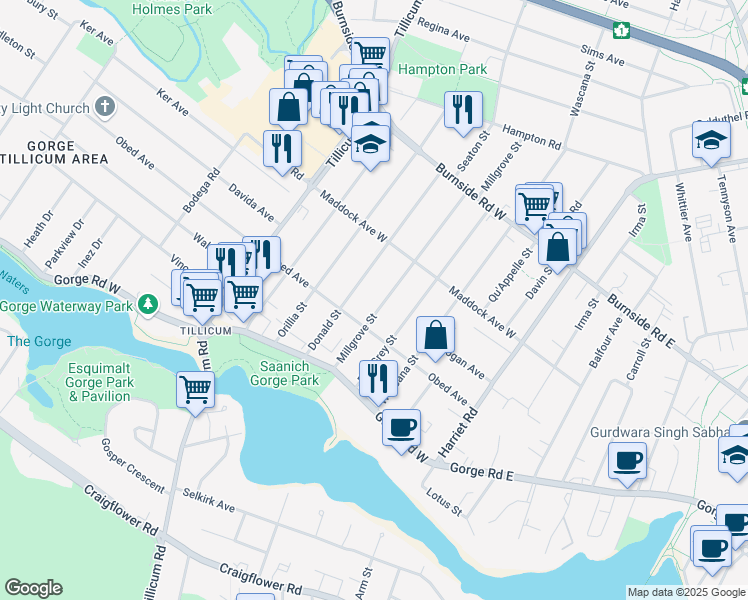 map of restaurants, bars, coffee shops, grocery stores, and more near 3028 Millgrove Street in Victoria