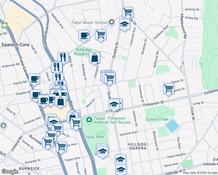 map of restaurants, bars, coffee shops, grocery stores, and more near in Victoria