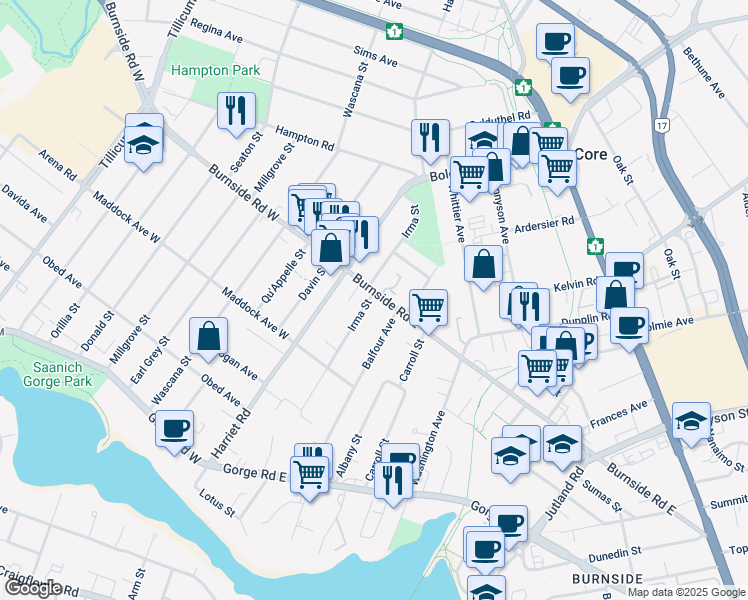 map of restaurants, bars, coffee shops, grocery stores, and more near 201 Burnside Road East in Victoria