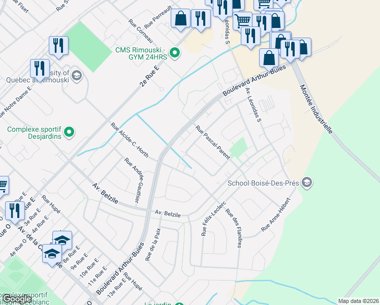 map of restaurants, bars, coffee shops, grocery stores, and more near 414 Rue Léon-Dion in Rimouski