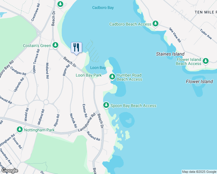 map of restaurants, bars, coffee shops, grocery stores, and more near 3195 Humber Road in Victoria