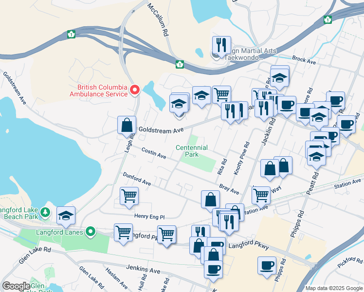 map of restaurants, bars, coffee shops, grocery stores, and more near 2836 Carlow Road in Victoria