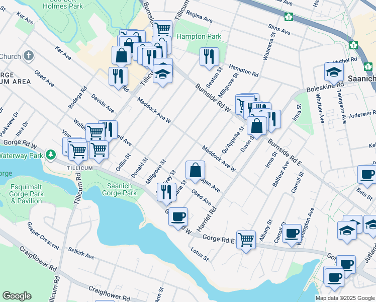 map of restaurants, bars, coffee shops, grocery stores, and more near 3074 Earl Grey Street in Victoria