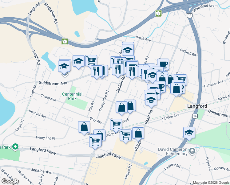 map of restaurants, bars, coffee shops, grocery stores, and more near 103 Jacklin Road in Victoria