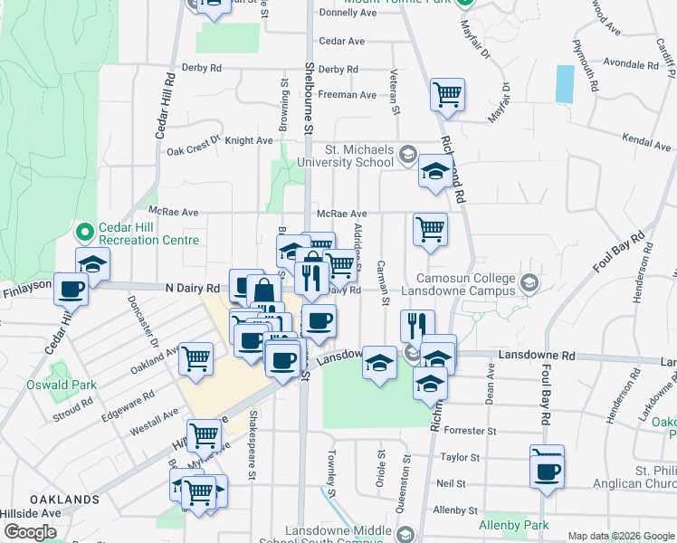 map of restaurants, bars, coffee shops, grocery stores, and more near 3205 Kingsley Street in Victoria