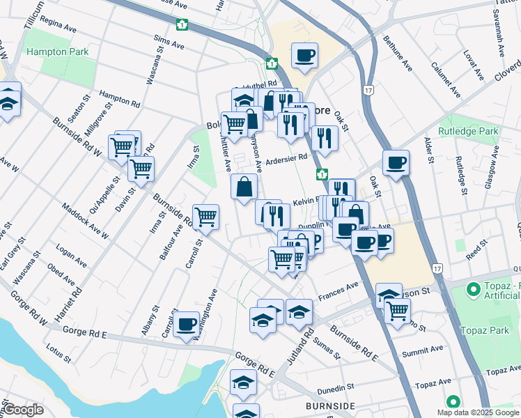 map of restaurants, bars, coffee shops, grocery stores, and more near 3298 Tennyson Avenue in Victoria