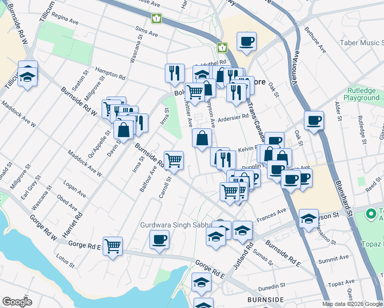 map of restaurants, bars, coffee shops, grocery stores, and more near 3304 Whittier Avenue in Victoria
