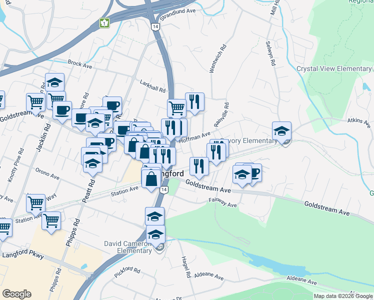 map of restaurants, bars, coffee shops, grocery stores, and more near 2788 Winster Road in Victoria