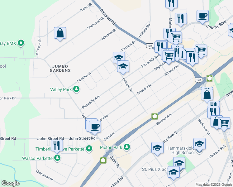 map of restaurants, bars, coffee shops, grocery stores, and more near 444 Regina Avenue in Thunder Bay