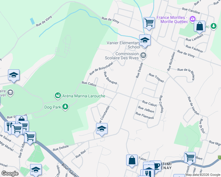 map of restaurants, bars, coffee shops, grocery stores, and more near 626 Rue Cabot in Saguenay