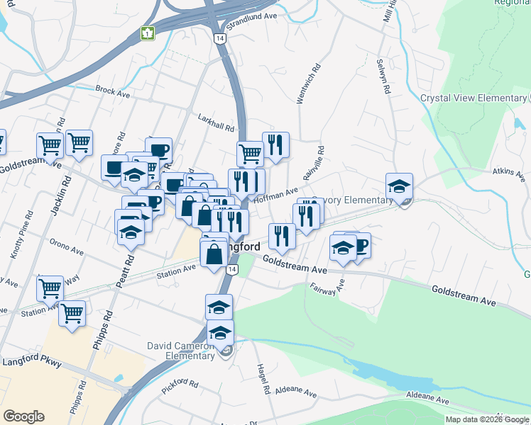 map of restaurants, bars, coffee shops, grocery stores, and more near 2788 Winster Road in Victoria