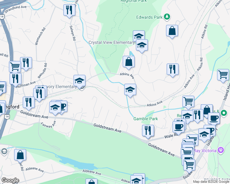 map of restaurants, bars, coffee shops, grocery stores, and more near 526 Westwind Drive in Victoria