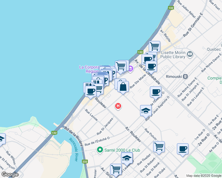 map of restaurants, bars, coffee shops, grocery stores, and more near 112 Rue Sainte Therese in Rimouski