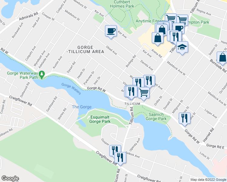 map of restaurants, bars, coffee shops, grocery stores, and more near 368 Gorge Road West in Victoria