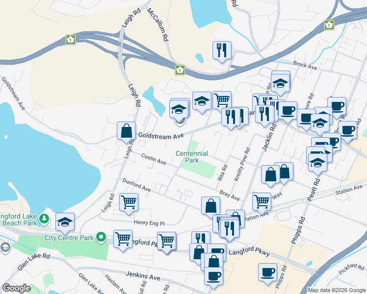 map of restaurants, bars, coffee shops, grocery stores, and more near 2844 Carlow Road in Victoria