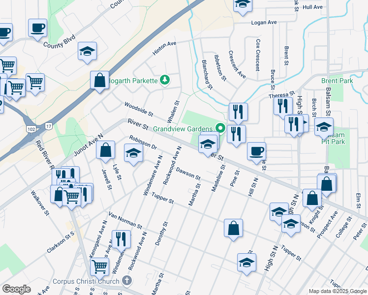 map of restaurants, bars, coffee shops, grocery stores, and more near 317 Rockwood Avenue North in Thunder Bay