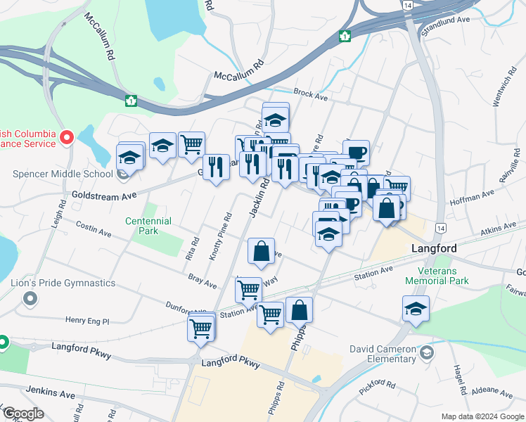 map of restaurants, bars, coffee shops, grocery stores, and more near 894 Hockley Avenue in Victoria