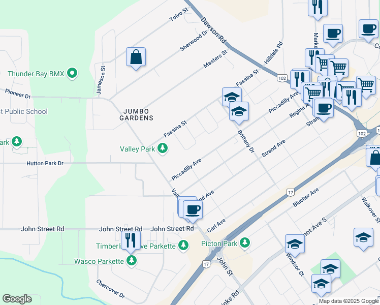 map of restaurants, bars, coffee shops, grocery stores, and more near 558 Valleywood Crescent in Thunder Bay