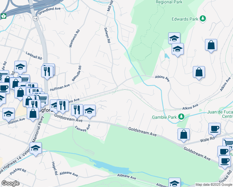 map of restaurants, bars, coffee shops, grocery stores, and more near 2721 Grainger Road in Victoria