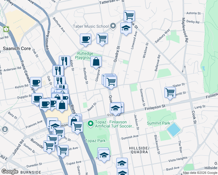 map of restaurants, bars, coffee shops, grocery stores, and more near Quadra Street & Tolmie Avenue in Victoria