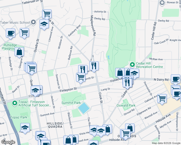 map of restaurants, bars, coffee shops, grocery stores, and more near 1383 Slater Street in Victoria