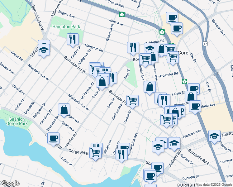 map of restaurants, bars, coffee shops, grocery stores, and more near 180 Burnside Road East in Victoria