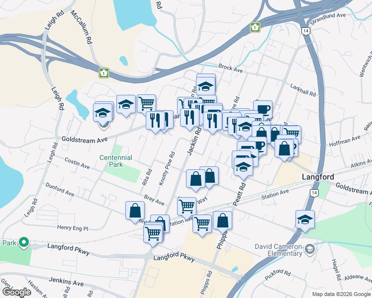 map of restaurants, bars, coffee shops, grocery stores, and more near 103 Jacklin Road in Victoria