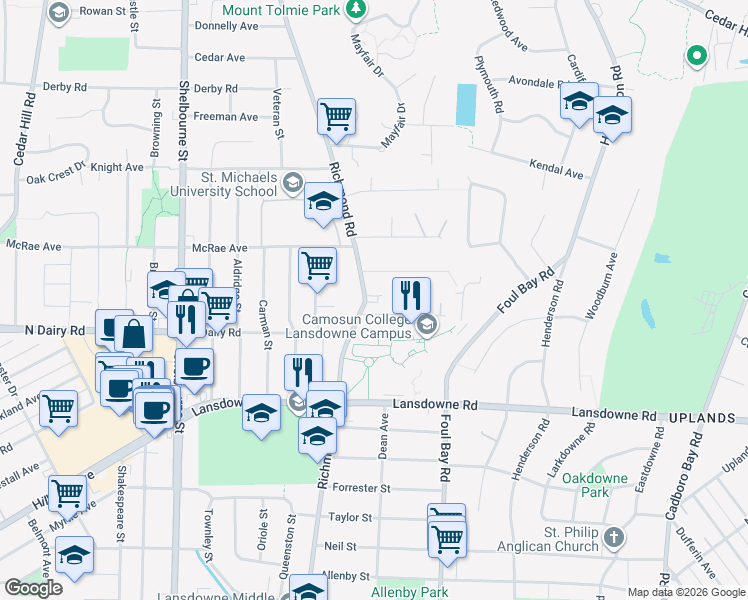 map of restaurants, bars, coffee shops, grocery stores, and more near in Victoria