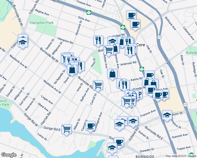 map of restaurants, bars, coffee shops, grocery stores, and more near 3259 Eldon Place in Victoria