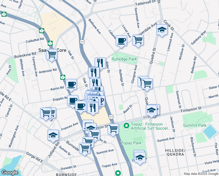 map of restaurants, bars, coffee shops, grocery stores, and more near 3216 Alder Street in Victoria