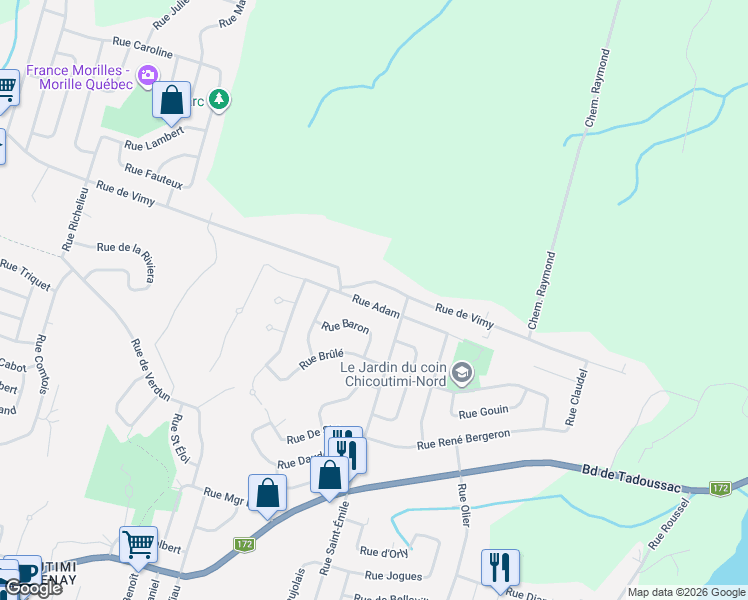 map of restaurants, bars, coffee shops, grocery stores, and more near 1370 Rue Adam in Saguenay