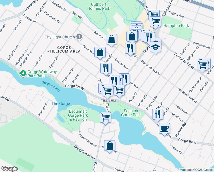 map of restaurants, bars, coffee shops, grocery stores, and more near 332 Vincent Avenue in Victoria