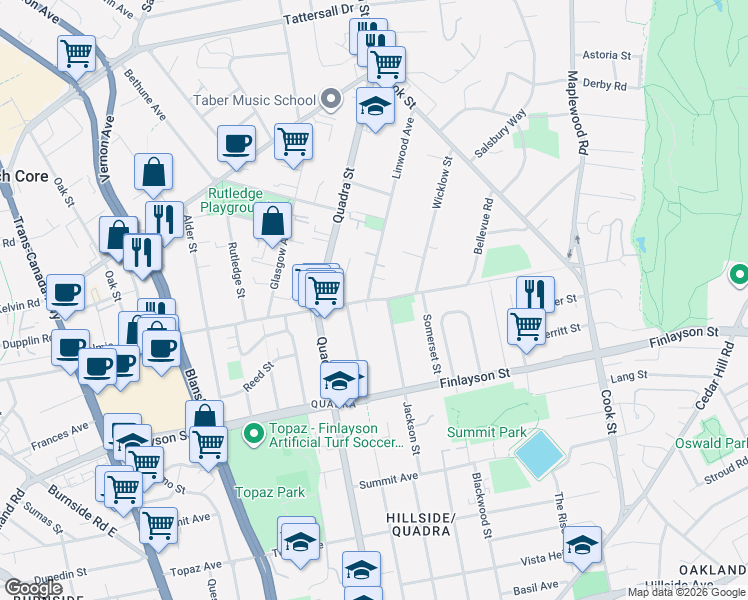 map of restaurants, bars, coffee shops, grocery stores, and more near Tolmie Avenue in Victoria
