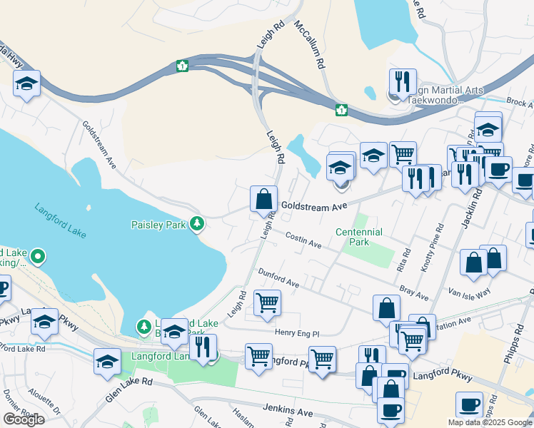 map of restaurants, bars, coffee shops, grocery stores, and more near 1112 Donna Avenue in Victoria
