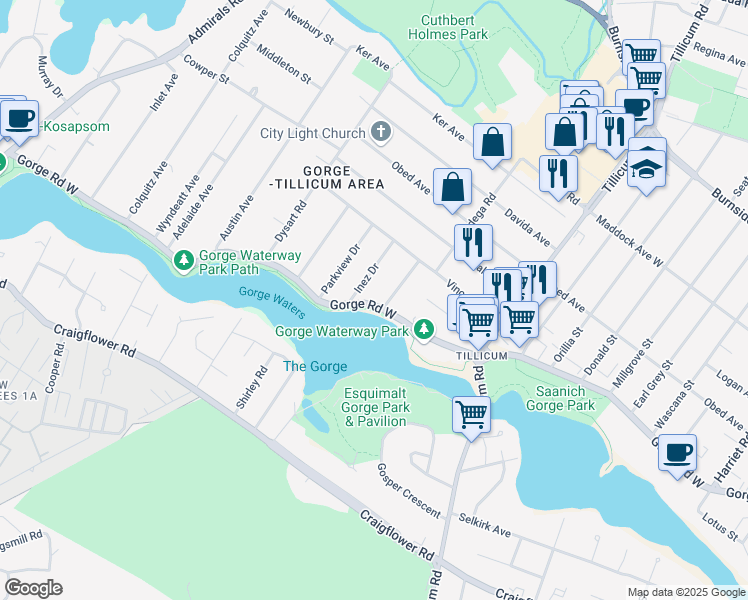 map of restaurants, bars, coffee shops, grocery stores, and more near 402 Gorge Road West in Victoria
