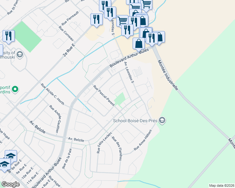 map of restaurants, bars, coffee shops, grocery stores, and more near 330 Rue Georges-Henri-Lévesque in Rimouski