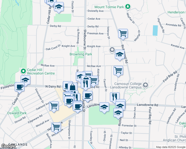map of restaurants, bars, coffee shops, grocery stores, and more near 3221 Kingsley Street in Victoria