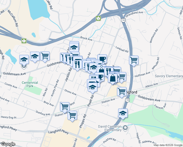 map of restaurants, bars, coffee shops, grocery stores, and more near Goldstream Avenue in Langford